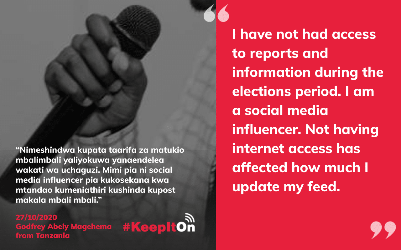 I have not had access to reports and information during the elections period. I am a social media influencer. Not having internet access has affected how much I update my feed.