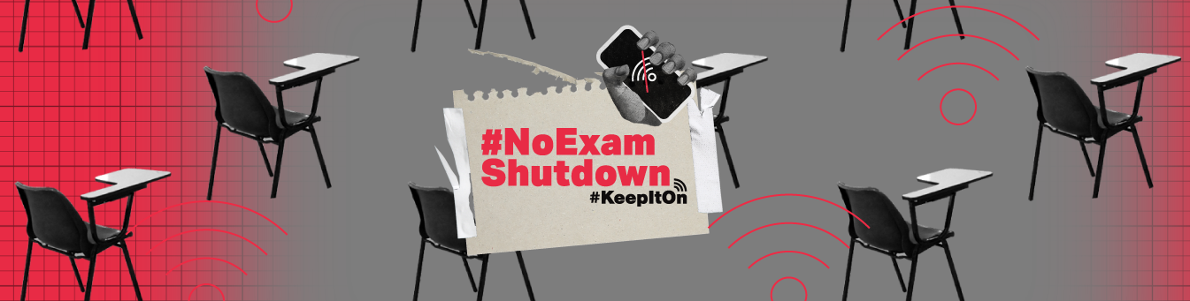 Background of desks and wifi symbols, with the hashtag #NoExamShutdown